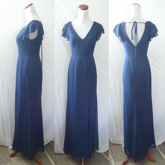 NEW 6810 AFTER SIX Midnight Blue V-Neck Ruffle Sleeve Bridesmaid Evening DRESS 0 - Picture 4 of 13